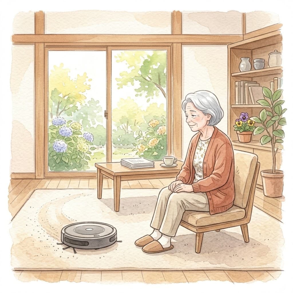 床を掃除するロボット掃除機と見守る高齢女性のイラスト