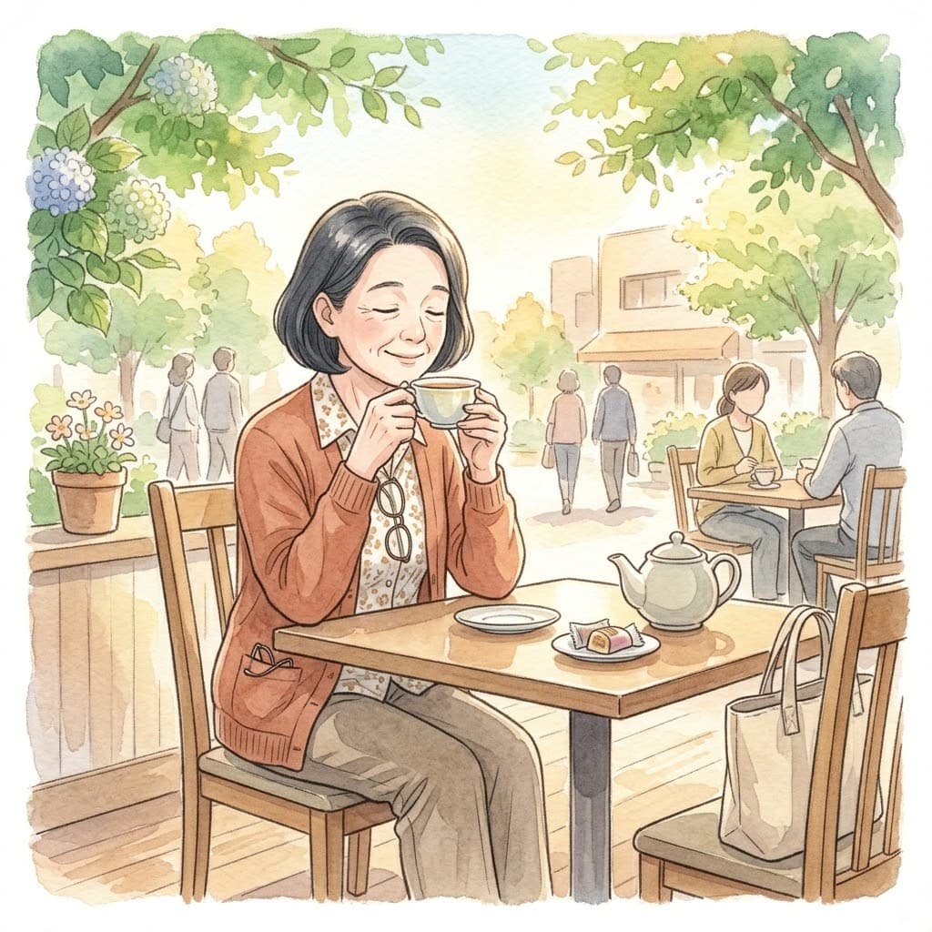 介護の合間に外へ出て一息つく中高年女性の水彩イラスト