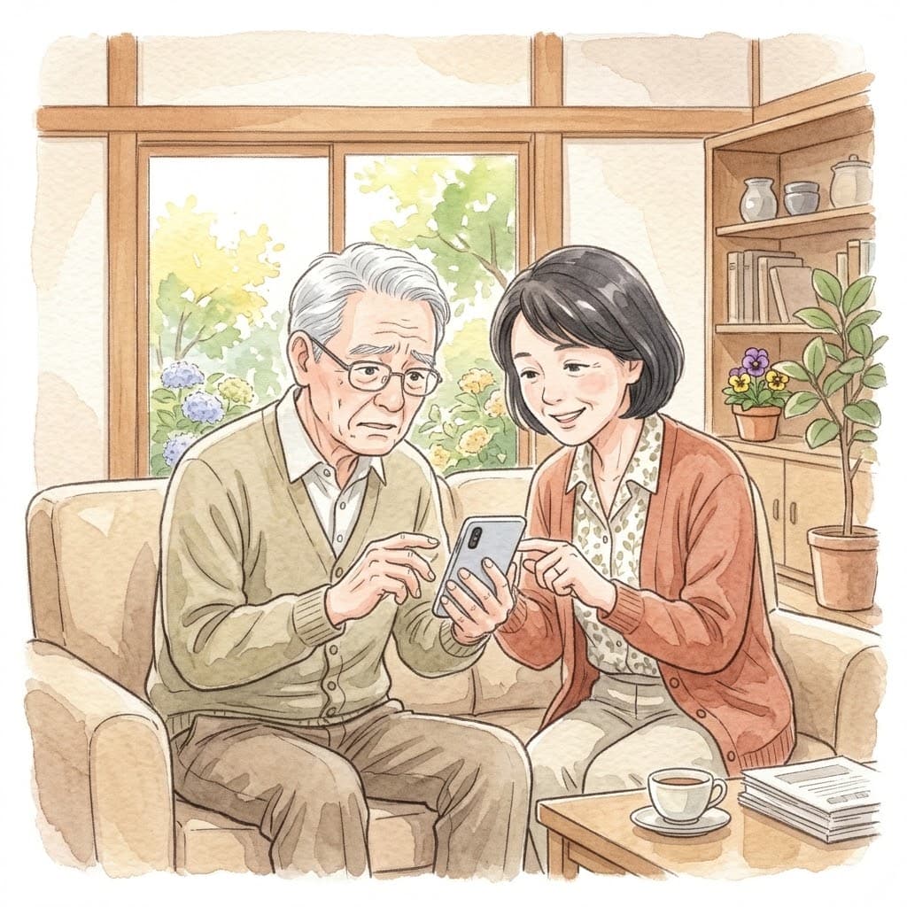 スマートフォンを前に操作を教わる高齢の親と家族