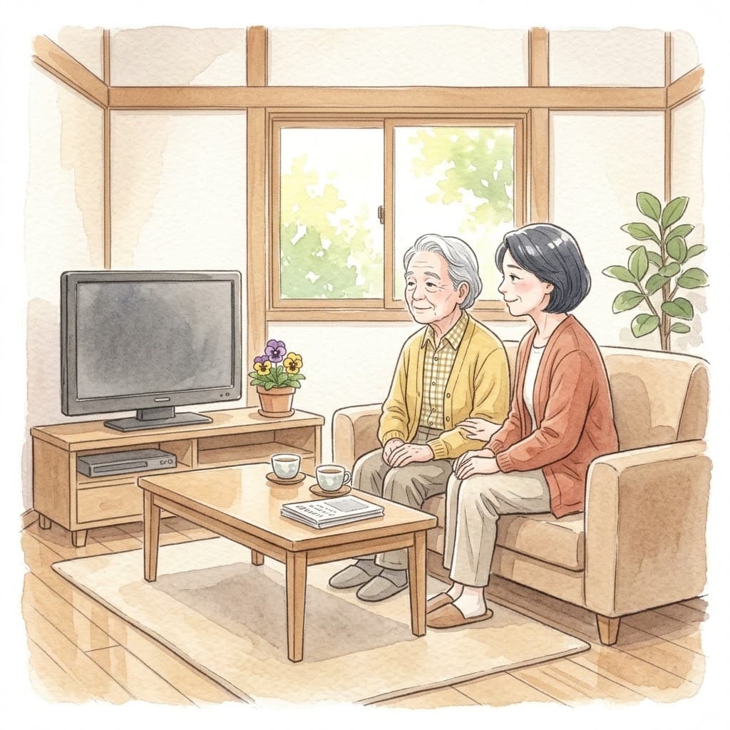 高齢の母と娘がリビングで一緒にテレビを見ている水彩イラスト