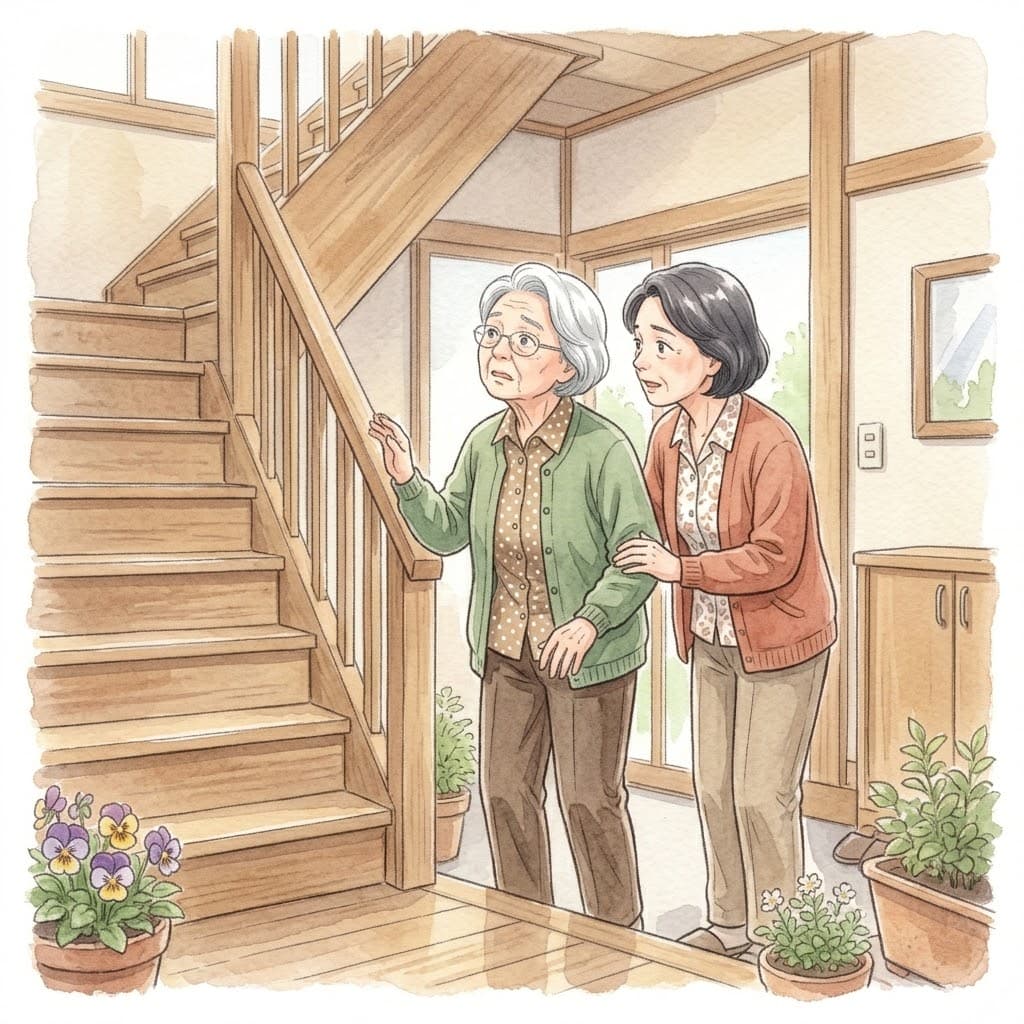 自宅の階段の下で上を見上げる不安そうな高齢女性と見守る娘