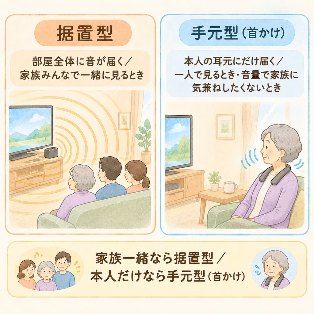 据置型スピーカーと首かけ手元型スピーカーの使い分けを示す比較図