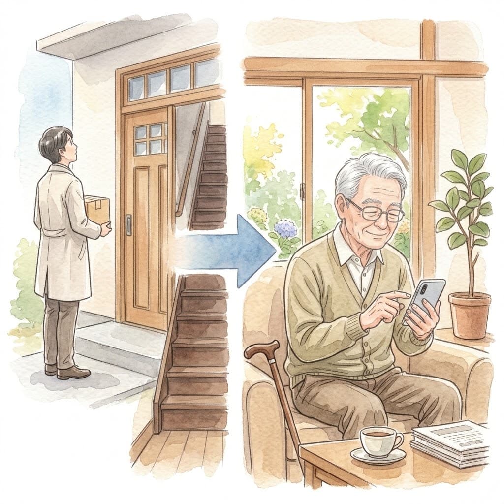 自宅で手元のスマホから玄関の鍵を操作する高齢男性
