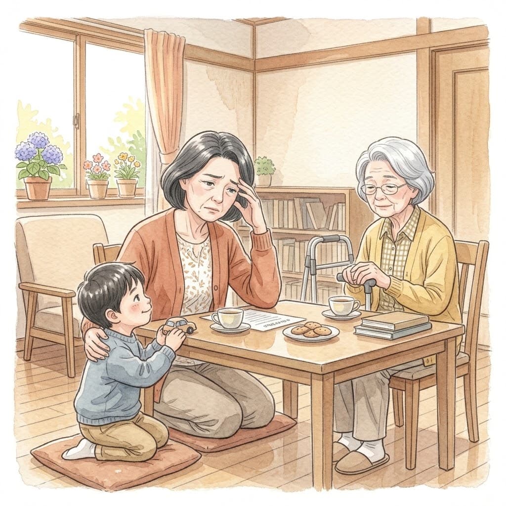 子どもと高齢の親の間で疲れている子育て世代の女性のイラスト