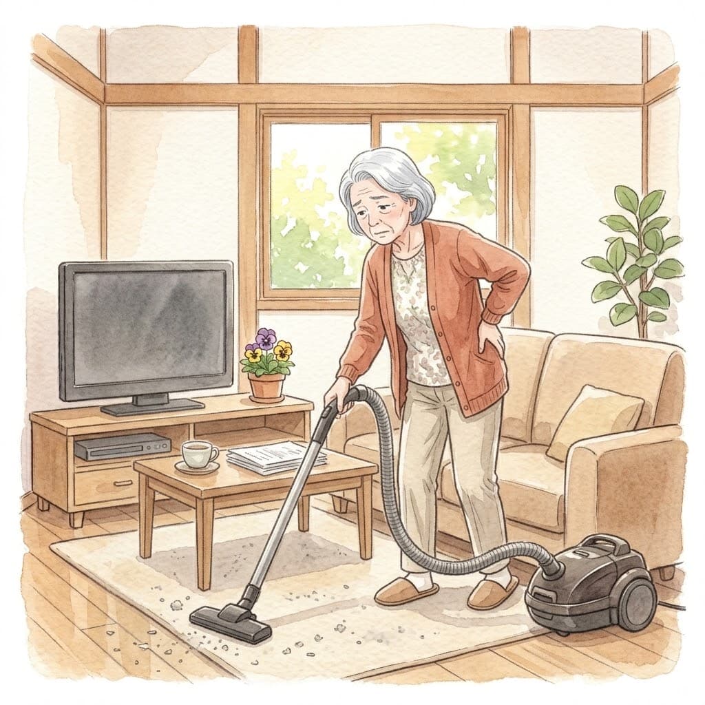 掃除機をかけるのがつらそうな高齢の女性のイラスト