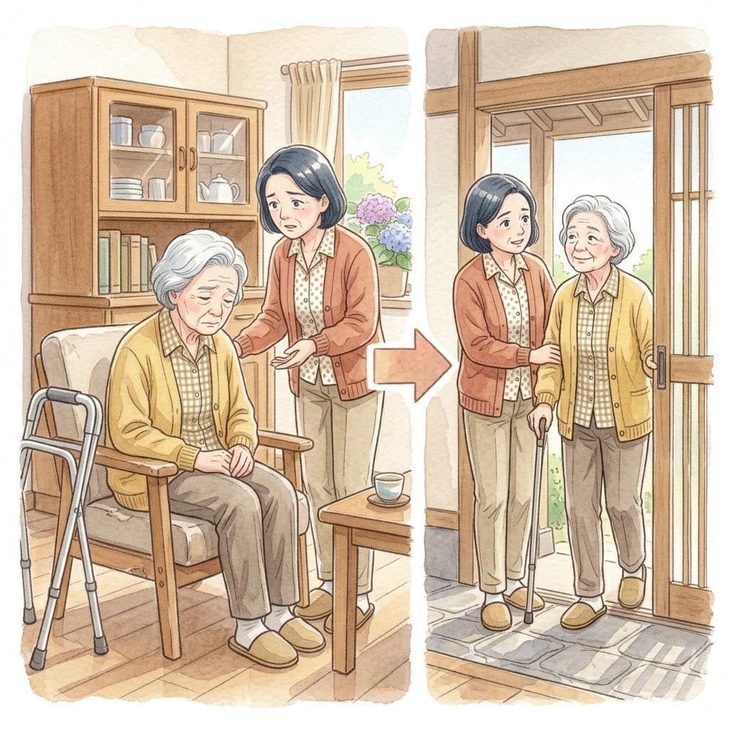 リハビリを誘われてためらっていた高齢の母親が、目的を言い換えると杖をついて娘と玄関から外出に前向きになる様子を示した2コマのイラスト