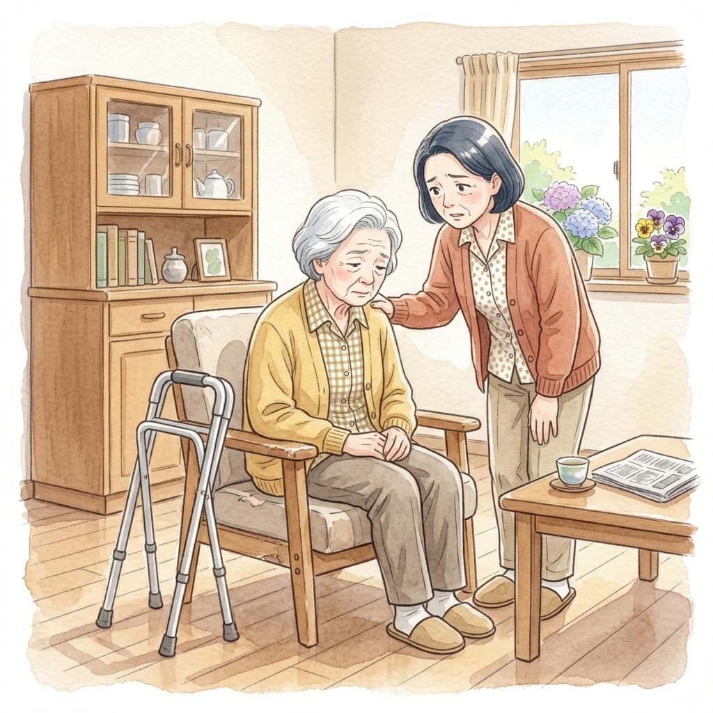リハビリに気が進まず居間の椅子でうつむく高齢の母親と、肩に手を添えて心配そうに寄り添う娘。そばに歩行器がある