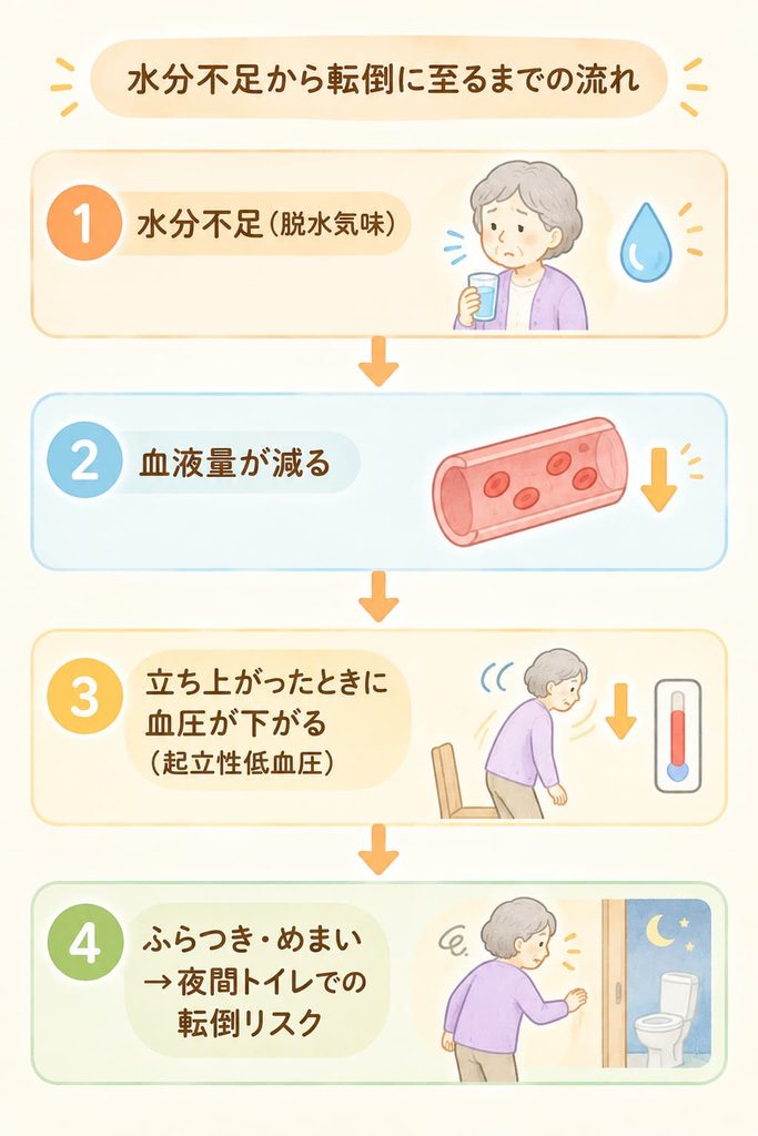 水分不足から立ちくらみ・ふらつきが起こり、夜間トイレでの転倒リスクが高まる様子のイメージ