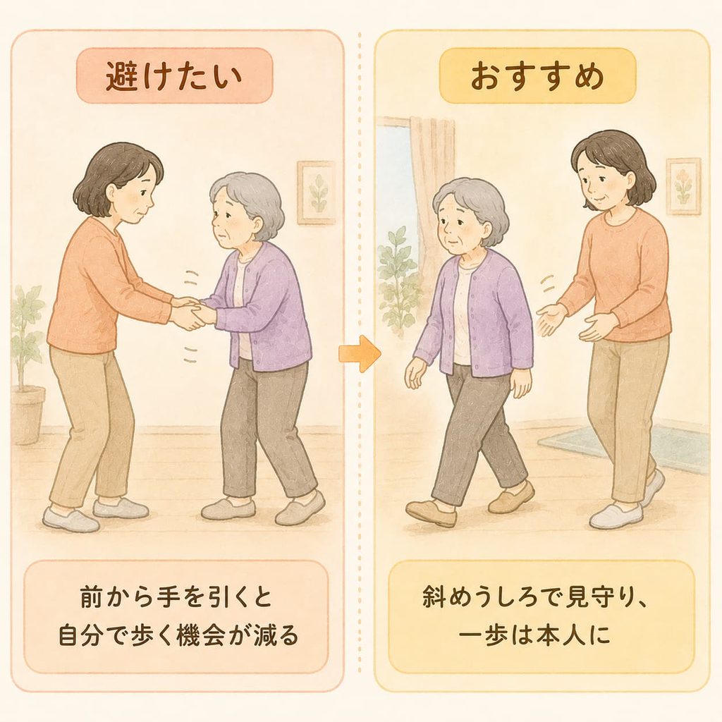 斜め後ろの見守る位置に立ち、高齢の親の一歩を促す家族の関わり方