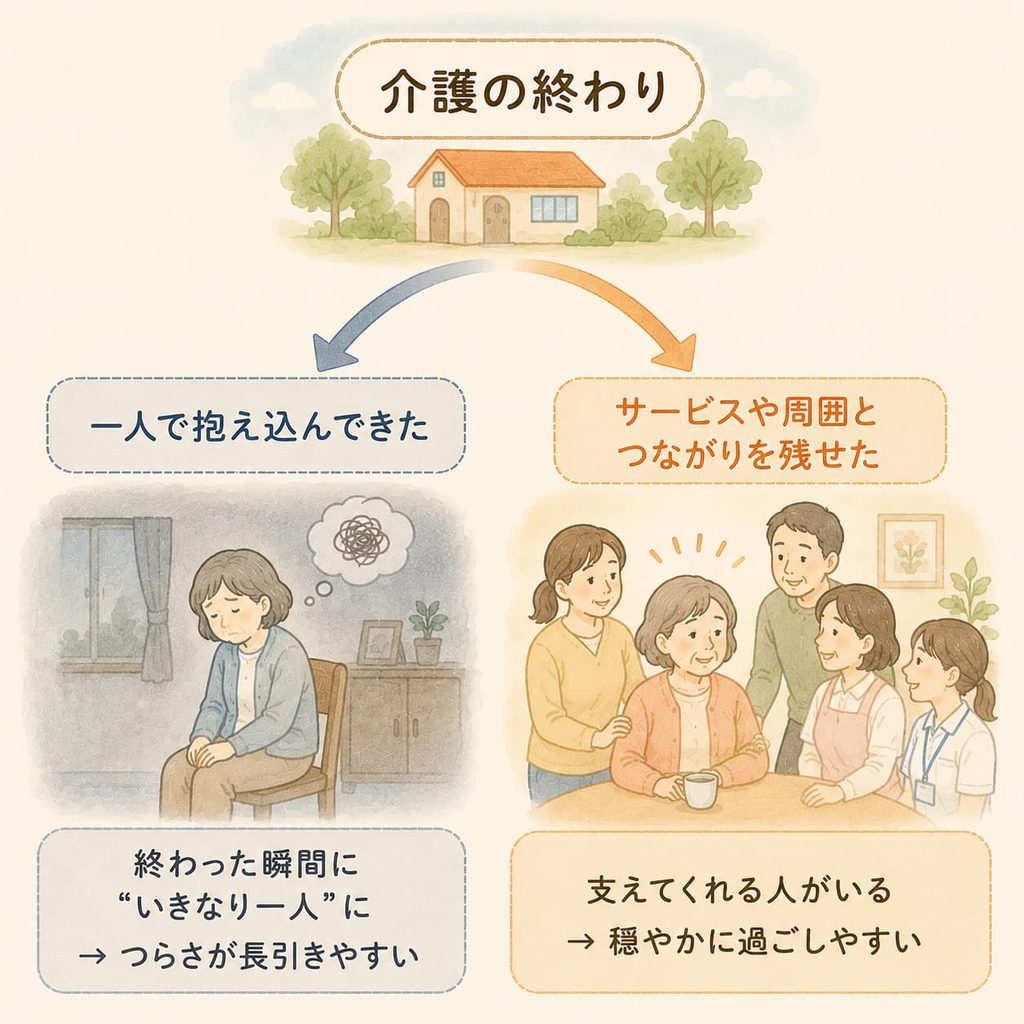介護の終わりから、一人で抱え込む人とつながりを残せた人で回復が分かれることを示した図