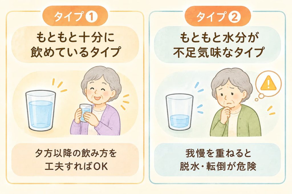 夜、水を飲むのをためらう高齢の女性のイメージ