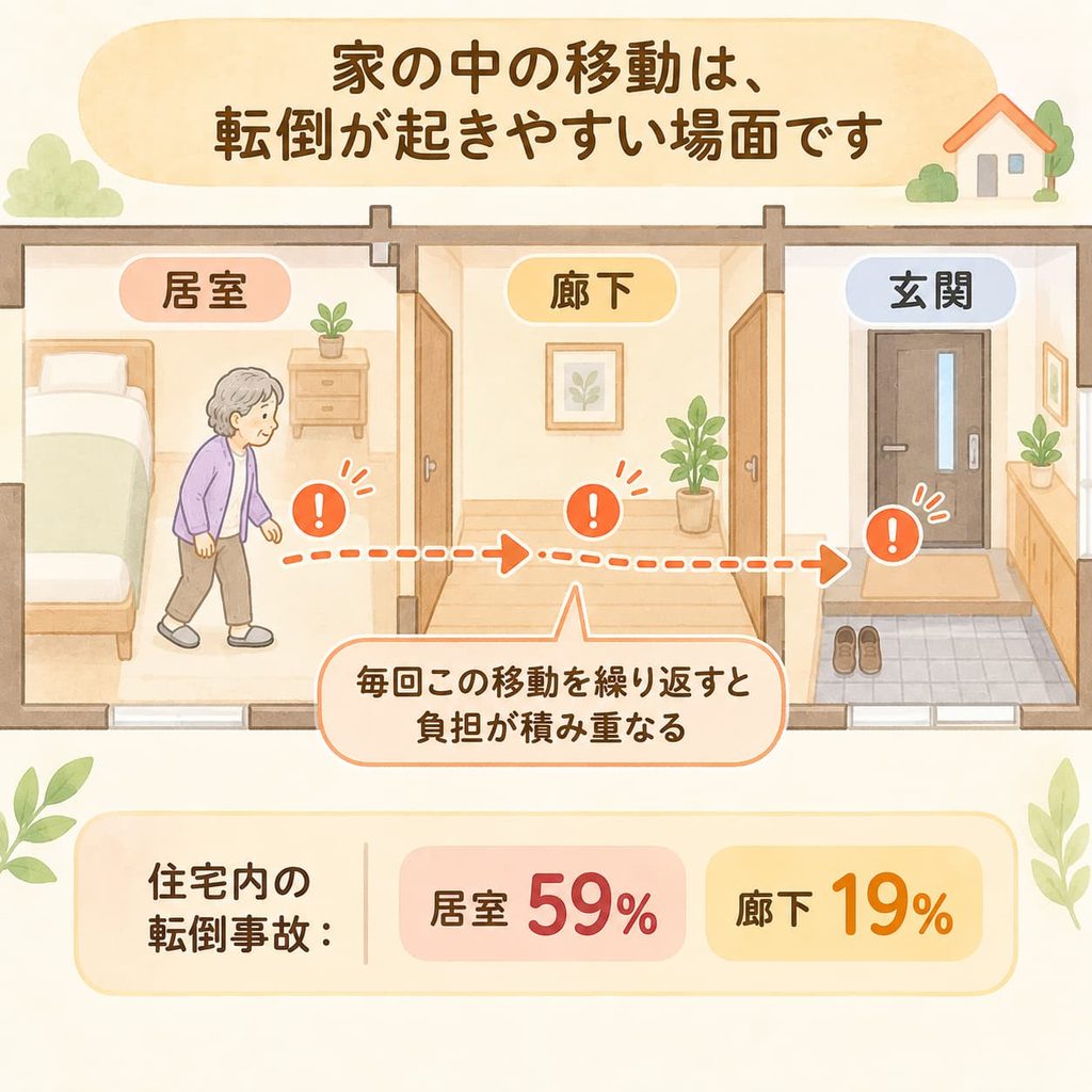 部屋から玄関へ向かう屋内移動と転倒リスクのイメージ