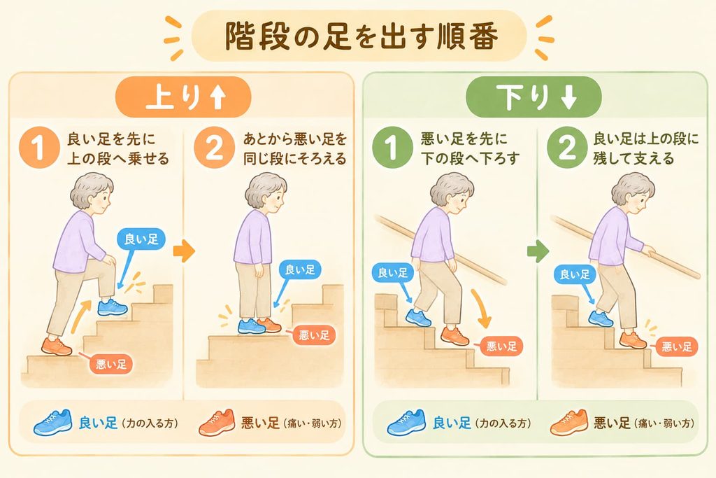 階段は上りが良い足から・下りが悪い足からという足を出す順番ルールの図解